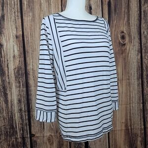 T BY TALBOTS M French Terry Black White Striped Long Sleeve Tunic Top Nautical